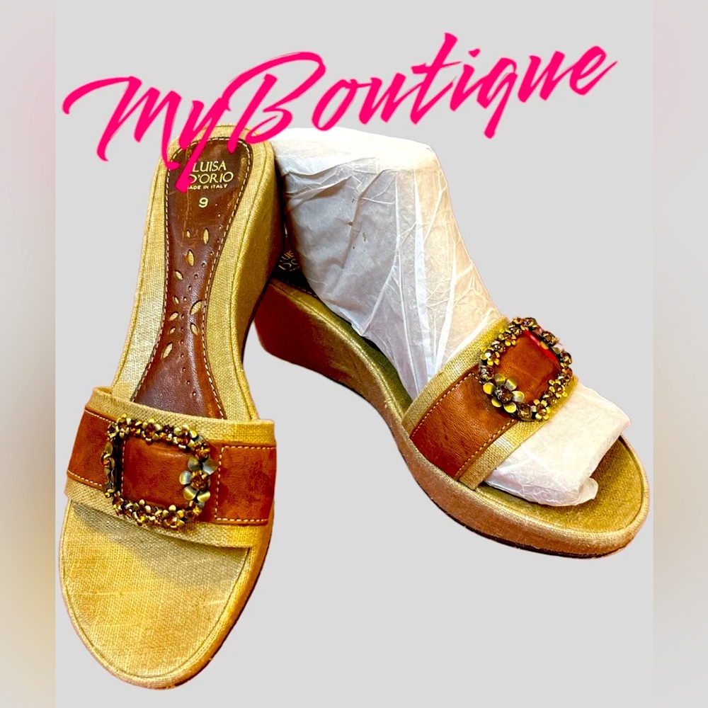 LUISA D’ORIO 🇮🇹 ITALY WEDGE JEWELED SANDAL METALLIC CANVA & BROWN LEATHER sz 9 - Picture 3 of 7